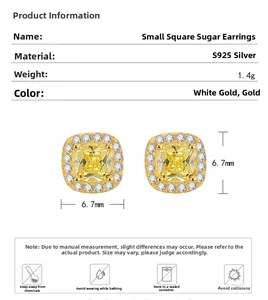 Detailed specs of S925 silver halo stud earrings with square yellow stones and diamonds