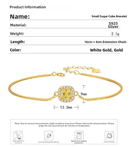 Detail showing S925 silver cube sugar bracelet with yellow zircon and 2.1g weight specs