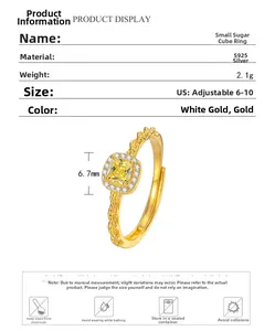 Détail de la bague en argent S925 dorée avec diamant jaune et dimensions précises