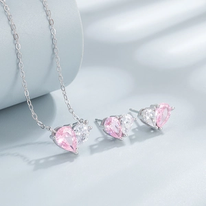 S925 sterling silver jewelry set featuring pink and clear heart-shaped zircon stones