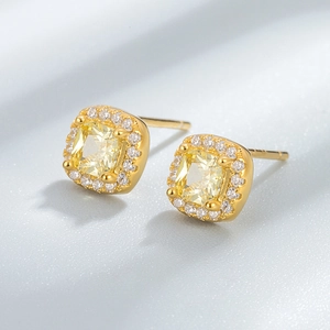 Boucles d'oreilles halo en argent S925 avec pierre jaune carrée et diamants étincelants