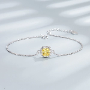 Bracelet en argent sterling S925 avec zircon jaune carré et chaîne délicate