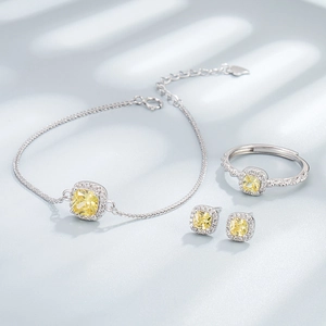 Parure de bijoux en argent S925 avec cristaux jaunes carrés, bracelet, bague et boucles