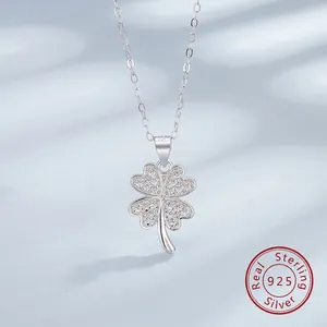 925 Sterling Silver Four-Leaf Clover Pendant Necklace For Women Sparkling Rhinestone Pave Flower Charm Elegant Fashion Jewelry