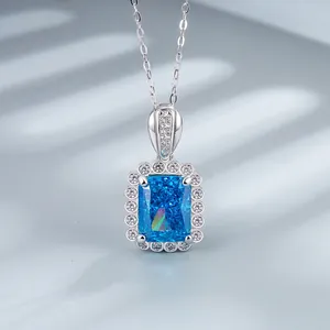 Collier Pendentif Pierre Précieuse Rectangulaire Taille Radiant Argent Sterling 925 Luxe Incrusté de Strass Bijoux Femme