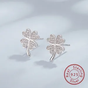 Boucles d'Oreilles Clous Cœur Trèfle à Quatre Feuilles en Argent Sterling 925 pour Femme Bijoux de Mode Strass