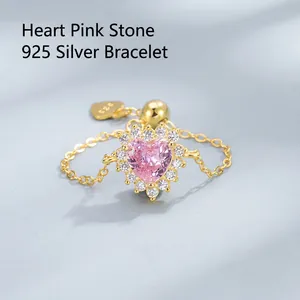925 Sterling Silver Pink Heart Rhinestone Ring For Women Adjustable Chain Drawstring Design Elegant Fashion Jewelry Gift