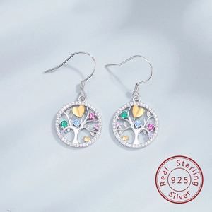 Detail view of 925 sterling silver Tree of Life earrings with colorful gemstones