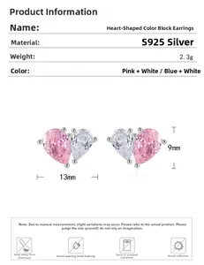 S925 silver heart studs with pink and white pear-cut zircon crystals measuring 13mm by 9mm