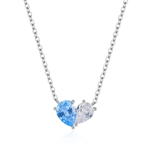 Collier en argent S925 avec pendentif cœur en pierres bicolores bleu et blanc