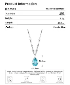 Detailed S925 silver waterdrop necklace specs with blue teardrop stone measurements