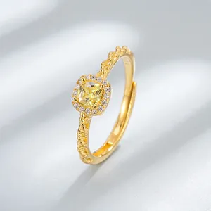 Bague en Argent Sterling S925 Forme de Carré pour Femme Strass Jaune Carré Halo Bague Ouverte Réglable Bijoux