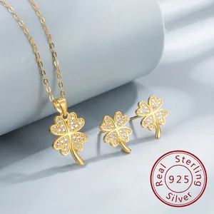 Parure di Collana e Orecchini in Argento Sterling 925 Quadrifoglio Placcato Oro Platino Cuore Strass Gioielli da Donna