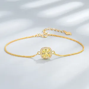 Luxury 925 Sterling Silver Square Yellow Rhinestone Bracelet Halo Minimalist Adjustable Chain Jewelry Gift For Women
