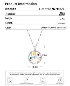 Infographie détaillée du collier Arbre de Vie en argent S925 avec dimensions et spécifications