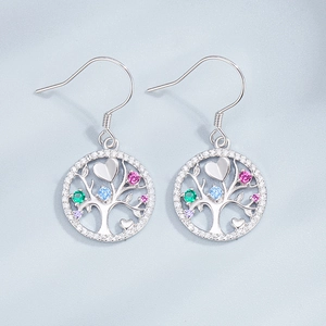 Elegant Tree of Life silver hook earrings with colorful gemstones and zircon border