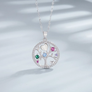 Collier Arbre de Vie en argent 925 avec pierres colorées et cercle de cristaux brillants