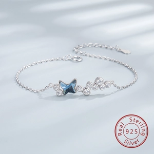 Bracelet en Argent Sterling S925 Cristal Papillon Bleu pour Femme Élégants Strass Incrusté Chaîne Réglable Bijoux de Mode