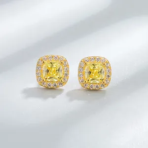925 Sterling Silver Yellow Rhinestone Stud Earrings Square Halo Cushion Cut Earrings For Women Elegant Geometric Jewelry Gift