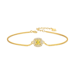 Bracelet maille en argent S925 doré avec cristal carré jaune et breloque en cœur