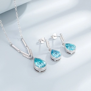 Elegant S925 sterling silver waterdrop jewelry set with light blue stones and zircon