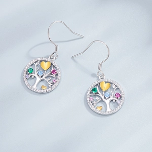 Elegant S925 silver Tree of Life drop earrings with colorful zircon and gold heart accents