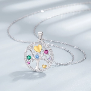 Collier Arbre de Vie en argent S925 avec gemmes colorées et pendentif cœurs dorés