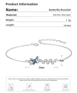 Paramètres de taille détaillés pour le bracelet papillon en argent S925 et cristal bleu