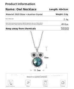 Detailed size specifications for the S925 silver owl necklace with blue Austrian crystal