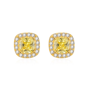 S925 sterling silver cushion cut yellow diamond halo stud earrings with gold plating