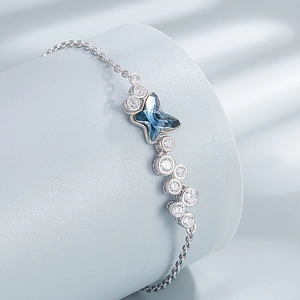 Bracelet en argent sterling S925 avec cristal papillon bleu et zircons blancs ronds
