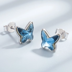 Exquisite S925 sterling silver butterfly stud earrings with faceted blue crystals for women