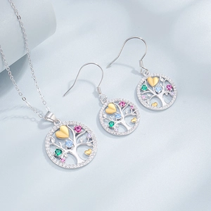 Parure de bijoux Arbre de Vie en argent S925 avec zircons colorés et collier