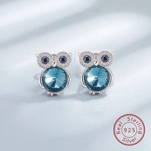 Detailed macro view of S925 sterling silver owl earrings with blue crystal inlay