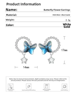 Detail view of S925 sterling silver butterfly earrings with blue crystal and dimensions