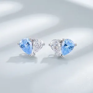 S925 Sterling Silver Two Tone Heart Stud Earrings For Women Sweet Pink Blue White Zirconia Ear Studs Minimalist Jewelry