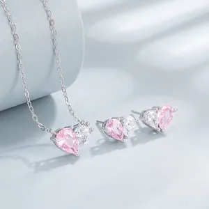 Parure de Bijoux Cœur en Argent Sterling 925 Collier Pendentif Cœur en Strass Rose Bleu et Boucles d'Oreilles Clous pour Femme