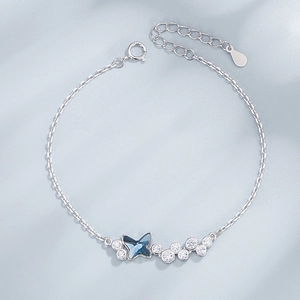 Bracelet en argent S925 avec cristal de papillon bleu et zircons blancs étincelants