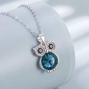 S925 sterling silver owl necklace with deep blue Austrian crystal pendant for women