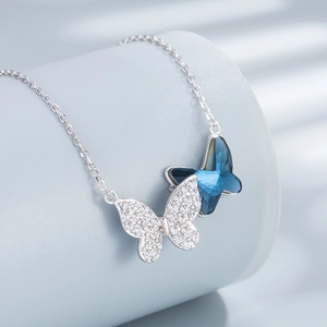 S925 sterling silver butterfly necklace with blue Austrian crystal and pavé stones