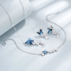 Elegante set collana a farfalla blu con ciondolo in cristallo e argento sterling S925