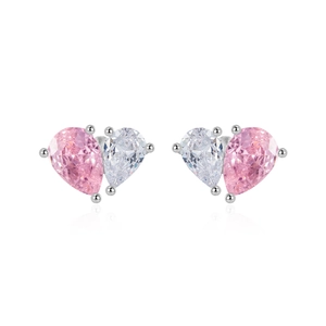 Elegant 925 silver heart stud earrings with pink and white double crystals on white background