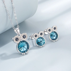 S925 sterling silver owl jewelry set with blue Austrian crystals and black diamond eyes