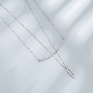 Elegant double-layered S925 sterling silver necklace with geometric diamond pendant