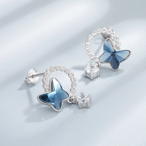 S925 sterling silver butterfly stud earrings with blue crystals and zircon stones