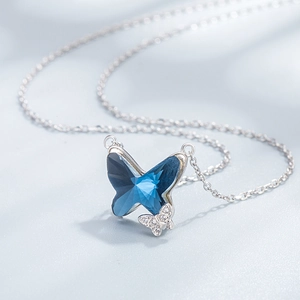 S925 silver necklace featuring a large blue butterfly crystal and a zircon-studded small butterfly