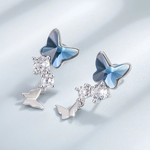 Orecchini a farfalla in argento S925 con cristallo blu e ciondoli a farfalla lucidi