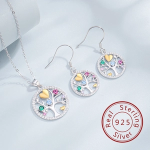 Macro detail of S925 sterling silver Tree of Life necklace with colorful zircon stones