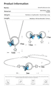Detailed dimensions of S925 silver butterfly jewelry set with blue gradient crystals
