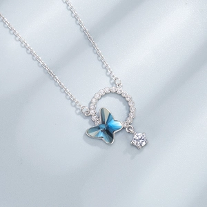 Elegant S925 silver necklace with blue crystal butterfly and zircon circle pendant